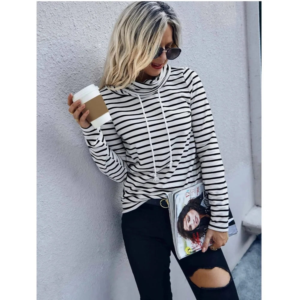 Striped Long Sleeve Tee Shirt White Black Drawstring Neck - Picture 2 of 5